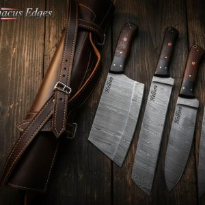 Hand-forged Damascus steel Hellion knife set with engraved blades, wooden handles, mosaic pins, and leather roll – by Damascus Edges.