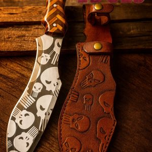 Custom 15" Punisher Skull Bowie Knife with striped wood handle and hand-tooled leather sheath