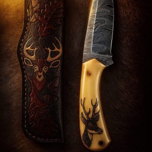 Hand-forged Damascus hunter knife with 512 layers, camel bone handle, and engraved leather sheath