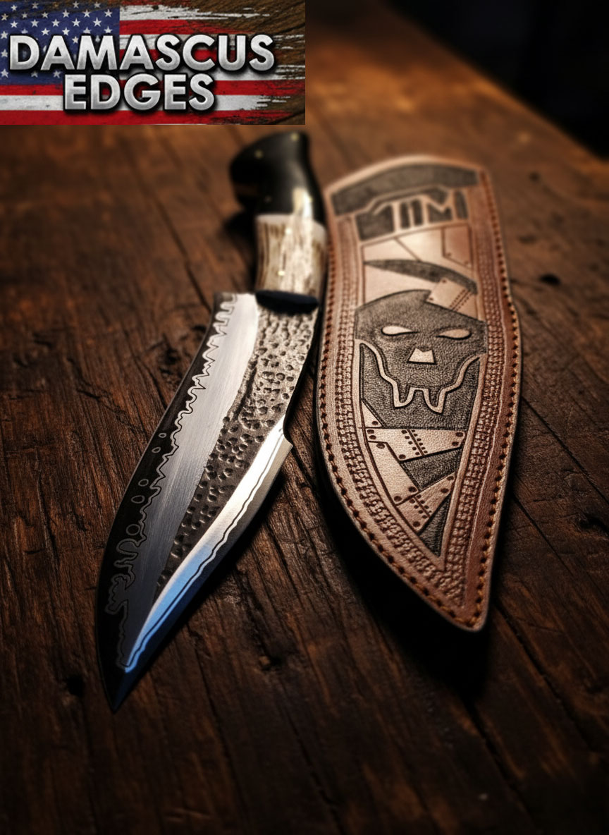 Custom High Carbon Steel Knife – Stag & Bison Horn Handle with TIM Sheath Custom 15-inch high carbon steel hunting knife with stag and bison horn handle and personalized leather sheath engraved with TIM design – handcrafted by Damascus Edges.