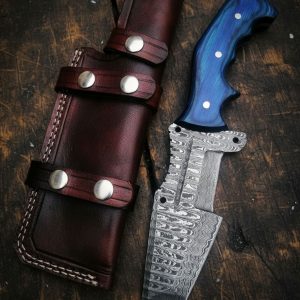 Handmade Damascus Tracker Knife 11 inch with ladder pattern blade and blue pakkawood handle – Damascus Edges