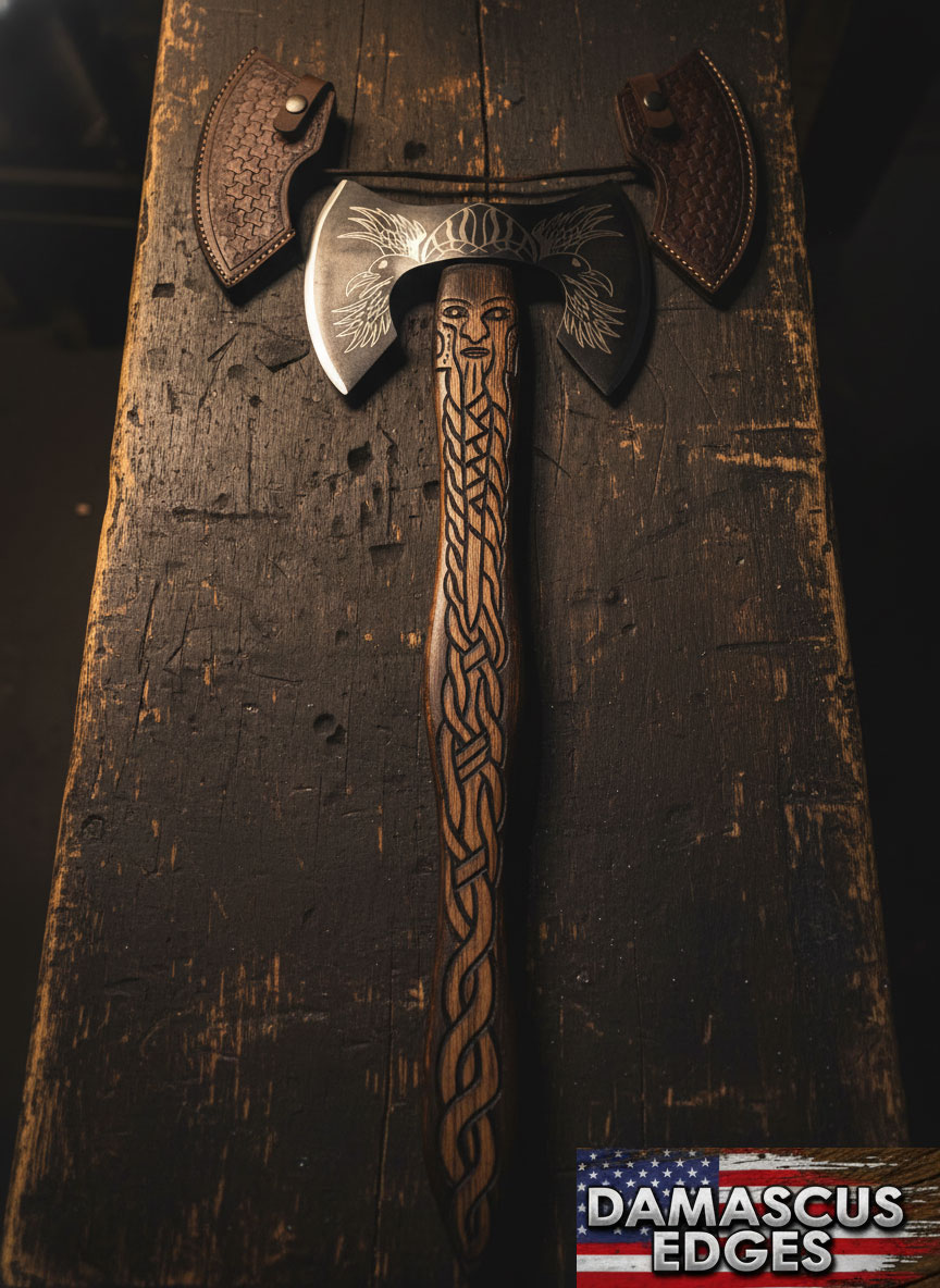 Hand-Forged Viking Axe | Custom Double-Headed Axe 26.5" by Damascus Edges Hand-forged Viking axe with carved Norse warrior handle and etched double blade on rustic wooden bench – custom American bladesmith craftsmanship by Damascus Edges.