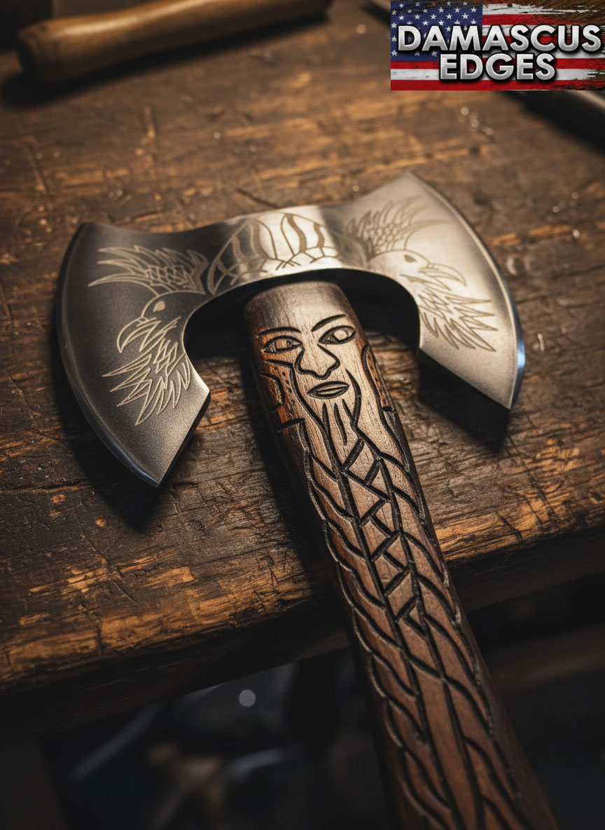 Hand-Forged Viking Axe | Custom Double-Headed Axe 26.5" by Damascus Edges Hand-forged Viking axe with carved Norse warrior handle and etched double blade on rustic wooden bench – custom American bladesmith craftsmanship by Damascus Edges.