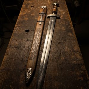 Hand-forged Damascus Viking sword with rosewood handle, bone spacer, and engraved wooden scabbard featuring a holy cross — crafted by Damascus Edges for American collectors.