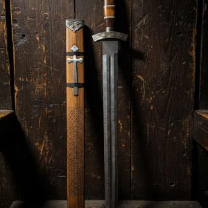 Hand-forged Damascus Viking sword with rosewood handle, bone spacer, and engraved wooden scabbard featuring a holy cross — crafted by Damascus Edges for American collectors.